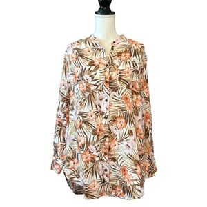 Lands End 100% Linen A-Line Long Sleeve Tunic Top SZ Medium White Tropic Palm